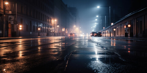 Wet asphalt reflection of neon lights a searchlight