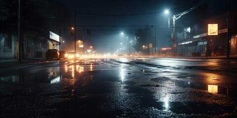 Fototapeta na wymiar Wet asphalt reflection of neon lights a searchlight