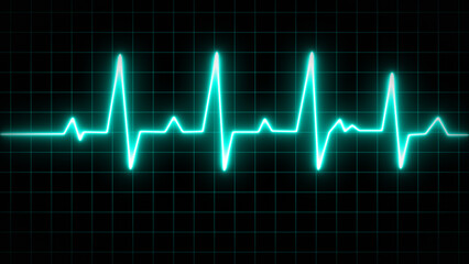 Blue glowing neon heart pulse. Heart beat. Electrocardiogram. One pulse line. ECG heartbeat monitor, cardiogram heart pulse line wave. Electrocardiogram medical background.