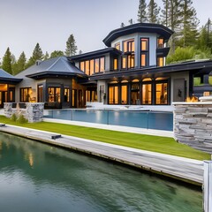 210 A luxurious lakeside mansion with expansive windows, a private boat dock, and opulent interiors showcasing exquisite craftsmanship and design3, Generative AI - obrazy, fototapety, plakaty