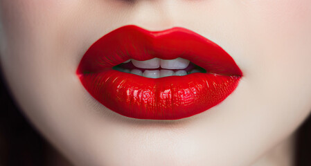 Obraz premium Woman Lips Closeup, Red Lipstick Makeup, Beautiful Mouth Make-Up, Model Girl Lip, Lips Macro