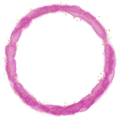 Pink round watercolor frame with golden glitter. Vector logo splashes