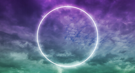 紫と青色に染まったグラデーション黄昏、夕焼けの空と雲の背景に滲むように光る円  チルアウト,夏,バカンス,禅,リラックスのイメージ