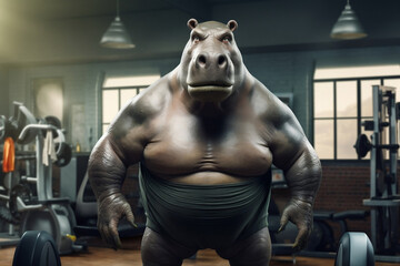 fit Hippopotamus standing at the gym, Mighty Hippo flexing its muscles at the fitness studio, generative AI
