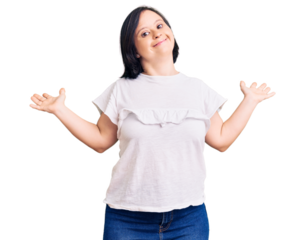Brunette woman with down syndrome wearing casual white tshirt clueless and confused expression with arms and hands raised. doubt concept.