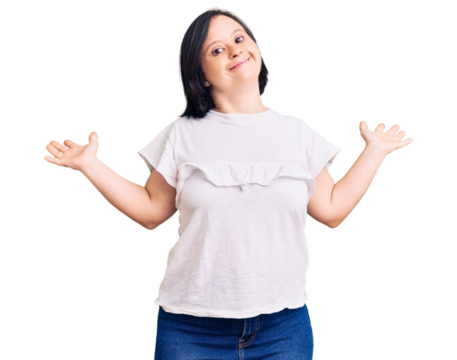 Brunette woman with down syndrome wearing casual white tshirt clueless and confused expression with arms and hands raised. doubt concept.
