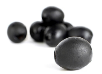 Black canned olives on white background