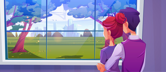 Couple watching on city park view from home window cartoon vector background. Man and woman watching together on sunny urban landscape with tree, grass and skyscraper exterior environment scenery.