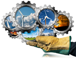 Gloved hand holding a group of seven metallic cogwheels (gears) with wind turbines inside, isolated on white or transparent background, photography and 3d illustration. Renewable energy concept. Png.