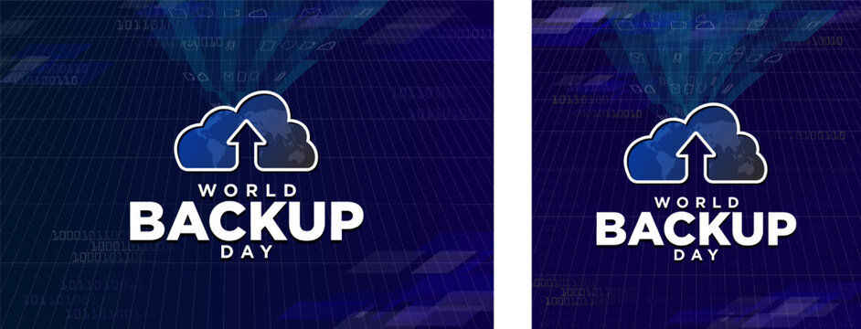 World Backup Day Greeting Card and Banner. Cloud Storage Icon with stream of files being uploaded online for backup storage. Horizontal banner and square card. Editable Vector Illustration. EPS 10