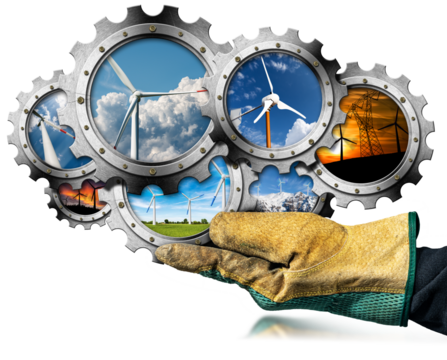 Gloved hand holding a group of seven metallic cogwheels (gears) with wind turbines inside, isolated on white or transparent background, photography and 3d illustration. Renewable energy concept. Png.