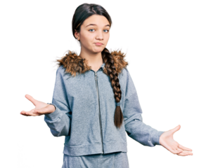 Young brunette girl with long hair wearing casual sweatshirt clueless and confused expression with arms and hands raised. doubt concept.