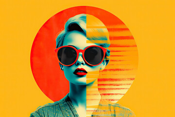 Retro Woman Collage. Minimalistic Nostalgic Pop Art Poster, Trendy and Cool Colourful Design, Glamour and Elegance in Graphic Artwork, Creative Inspiration. Generative AI.