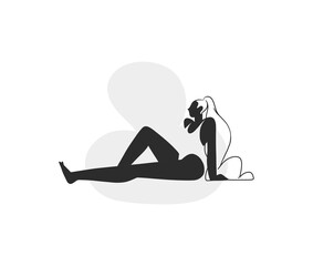 Hand drawn abstract trendy woman in swimsuit sitting.Trendy abstract illustration of a vector woman with a beautiful body in a swimsuit sitting isolated.Cartoon minimalistic summer time female figure.