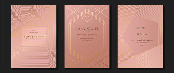 Luxury invitation card background vector. Golden elegant geometric shape, gold lines gradient on pink background. Premium design illustration for gala card, grand opening, party invitation, wedding.