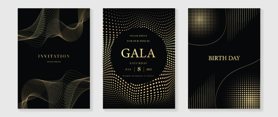 Luxury invitation card background vector. Golden line elegant, halftone, dot on dark background. Premium design illustration for gala card, grand opening, party invitation, wedding.
