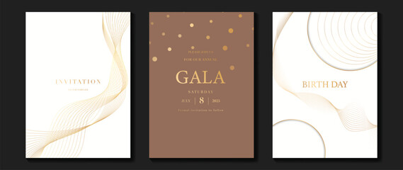 Luxury invitation card background vector. Golden curve elegant, gold lines gradient on light color background. Premium design illustration for gala card, grand opening, party invitation, wedding.