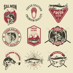 Set of vintage labels with salmon fish. Salmon fishing, salmon meat. Design elements for label, emblem for fishing club. Vector illustration.