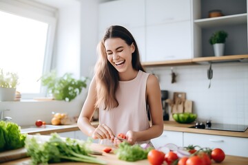 Obraz na płótnie Canvas Joyful Healthy Cooking: Beautiful Young Woman Having Fun Preparing Salad, Generative AI