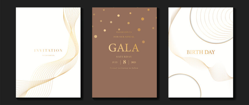 Naklejka Luxury invitation card background vector. Golden curve elegant, gold lines gradient on light color background. Premium design illustration for gala card, grand opening, party invitation, wedding.