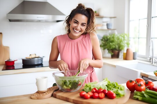 Joyful Healthy Cooking: Beautiful Young Woman Having Fun Preparing Salad, Generative AI
