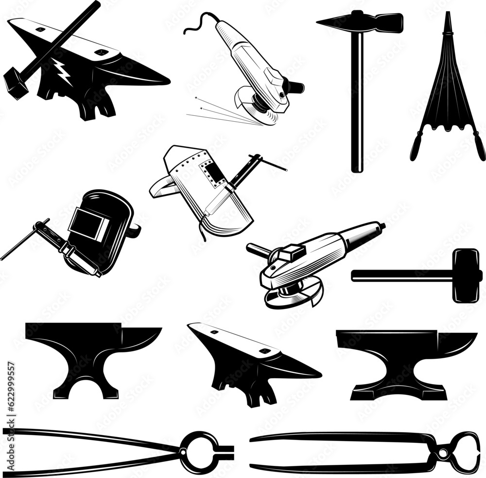 Wall mural set of anvils,hammers and design elements for blacksmith labels and badges.