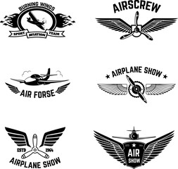 Set of airplane show labels isolated on white background. Air forse. Flying club. Design elements in vector. - obrazy, fototapety, plakaty