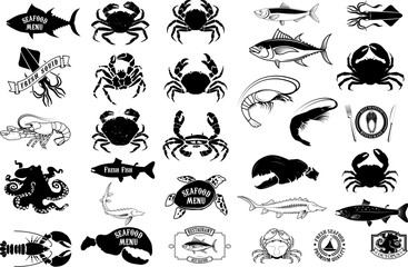 seafood menu labels set. Design elements for logo, label, emblem, sign, brand mark, restaurant menu, poster. Vector illustration.