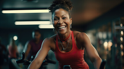 Fototapeta premium middle aged woman doing a spinning class at a gym. aged woman working out exercising on a treadmill in a gym. mood fun.