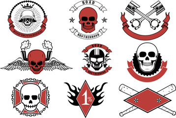  Racing icons. Racers skulls. Biker skulls emblems. Vector design elements and templates for label, logo, emblem,badge, sign.