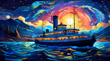 hand drawn cartoon beautiful illustration of a ship sailing on the sea at night
