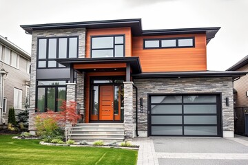 Contemporary Double Garage House: Aesthetic New Construction with Terracotta Siding and Natural Stone Embellishments, generative AI