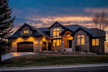 Brand New Residence with Alluring Design and Three-Car Garage: Turquoise Siding and Natural Stone Pillars, generative AI