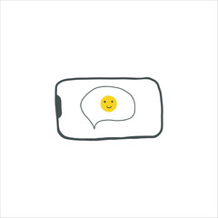 Smartphone with smiley face in balloon cloud sticker. Vector illustration in doodle style.