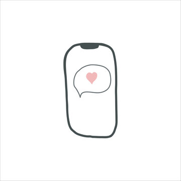 Smartphone with love in ballon cloud sticker. Vector illustration in doodle style.