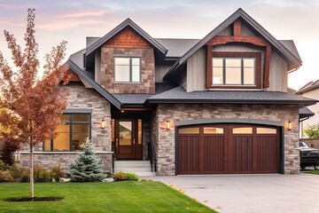 Fototapeta na wymiar Chic Open Concept House with Double Garage, Brown Siding, and Natural Stone Pillars: A Stunning Newly Built Home, generative AI