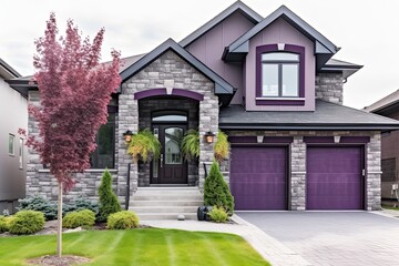 Fototapeta na wymiar Chic Open Concept House with Double Garage and Striking Purple Siding, Accented by Natural Stone Pillars, generative AI