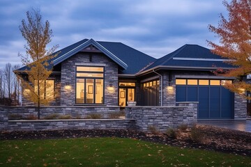 Double Garage Chic: A Stunning, Open Concept House with Dark Blue Siding and Natural Stone Pillars, generative AI