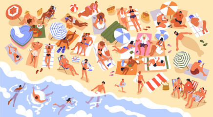 People on beach, above top view. Men, women sunbathing on sand, swimming in water at sea resort, ocean coast. Crowd on seacoast with umbrellas, sunbeds, lying on towels. Flat vector illustration