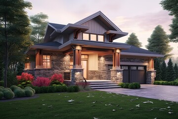 Double Garage, Open Concept: Chic House with Pink Siding & Natural Stone Pillars, generative AI