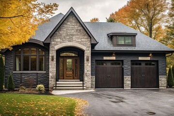 Fototapeta na wymiar Chic and Spacious: Newly Built House with Open Concept, Double Garage, Dark Green Siding, and Natural Stone Pillars, generative AI