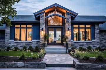 Chic and Spacious: Double Garage, Open Concept House with Navy Blue Siding and Natural Stone Pillars, generative AI