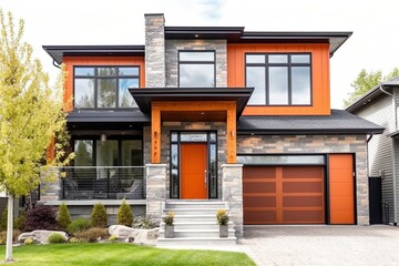 Double Garage & Open Concept: Chic House with Orange Siding and Natural Stone Pillars, generative AI
