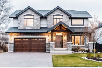Fototapeta na wymiar Light Gray Siding and Natural Stone Pillars: A Chic Open Concept House with Double Garage, generative AI