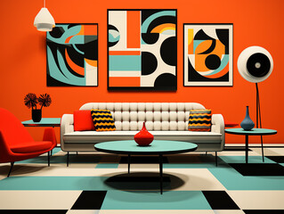 A Retro Inspired Living Room with Bold Geometric Patterns and Contrasting Colors | Generative AI