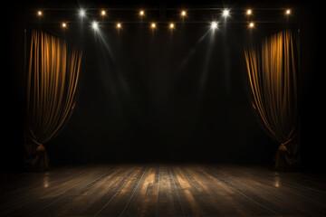 spotlights shine on stage floor in dark room with fire candle flame , candle effect ground