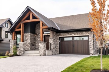 Fototapeta na wymiar Double Garage, Open Concept: A Chic New House with Brown Siding and Natural Stone Pillars, generative AI