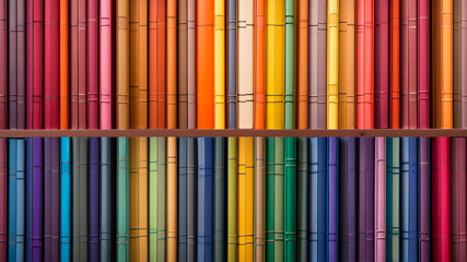 A symmetrical arrangement of minimalist colorful books spines stacked horizontally. - obrazy, fototapety, plakaty