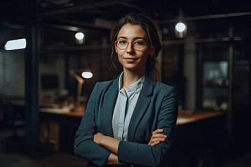 Portrait of purposeful female entrepreneur standing with her arms crossed on her chest in a dark office with filing cabinets in the background, created with Generative AI.