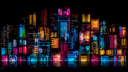 Cityscape with Neon Lights. Futuristic Urban Illustration, Nightlife Concept, Modern Metropolis Design.